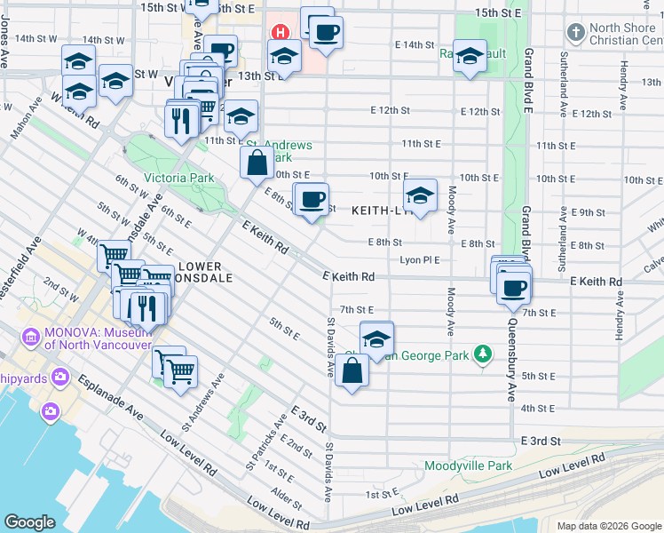 map of restaurants, bars, coffee shops, grocery stores, and more near 336 Keith Road East in North Vancouver