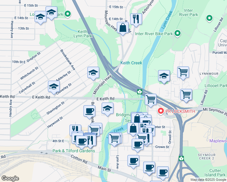 map of restaurants, bars, coffee shops, grocery stores, and more near 1331 8th Street East in North Vancouver