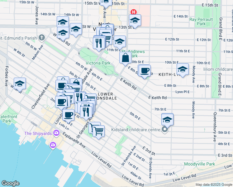 map of restaurants, bars, coffee shops, grocery stores, and more near 225 6th Street East in North Vancouver
