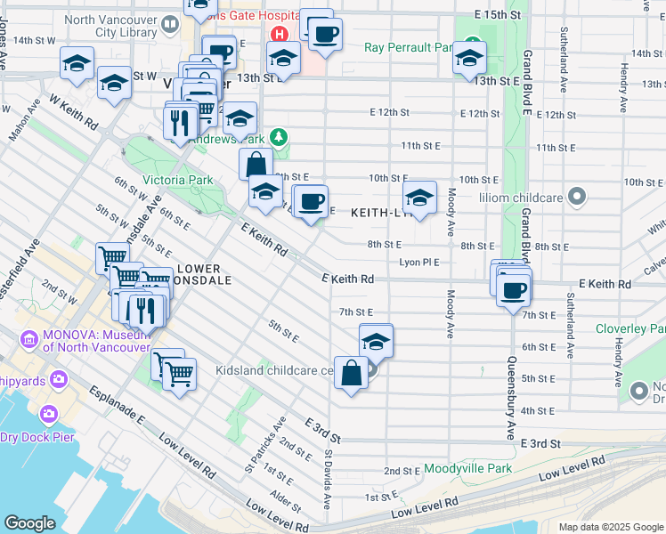 map of restaurants, bars, coffee shops, grocery stores, and more near 340 Keith Road East in North Vancouver