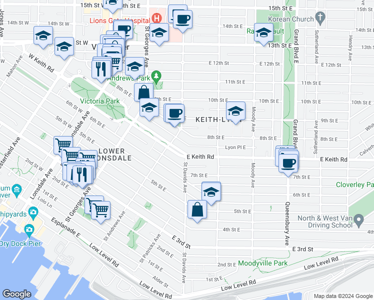 map of restaurants, bars, coffee shops, grocery stores, and more near 340 Keith Road East in North Vancouver