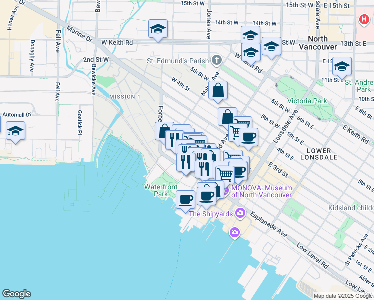 map of restaurants, bars, coffee shops, grocery stores, and more near 250 West 1st Street in North Vancouver