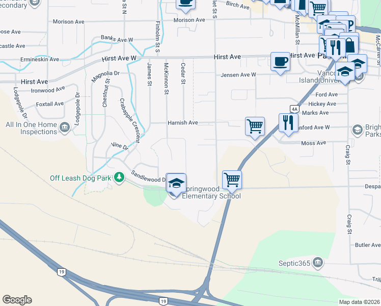 map of restaurants, bars, coffee shops, grocery stores, and more near 350 Kingsley Street in Parksville