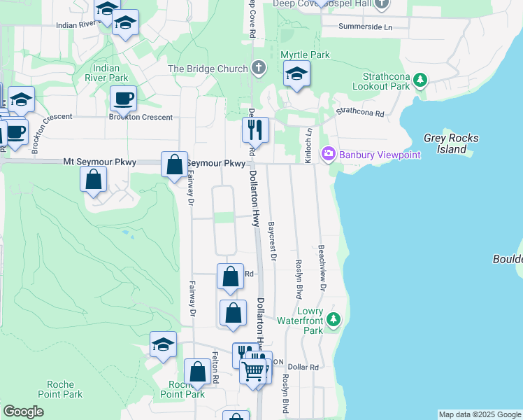 map of restaurants, bars, coffee shops, grocery stores, and more near 873 Baycrest Drive in North Vancouver