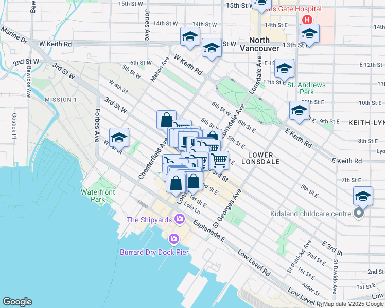 map of restaurants, bars, coffee shops, grocery stores, and more near in North Vancouver