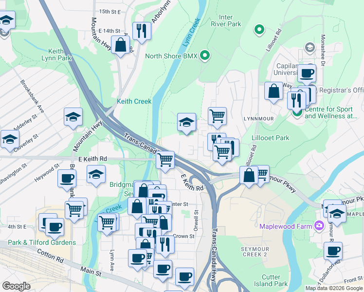 map of restaurants, bars, coffee shops, grocery stores, and more near 760 Forsman Avenue in North Vancouver