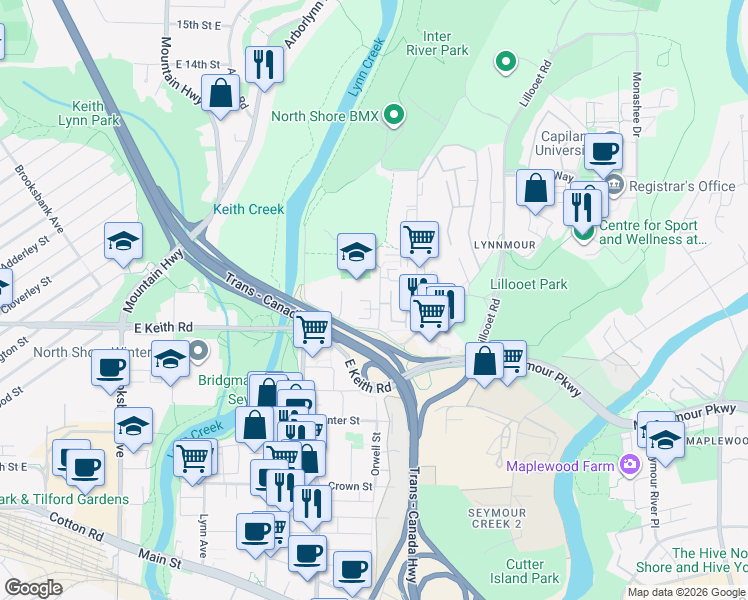 map of restaurants, bars, coffee shops, grocery stores, and more near 757 Orwell Street in North Vancouver
