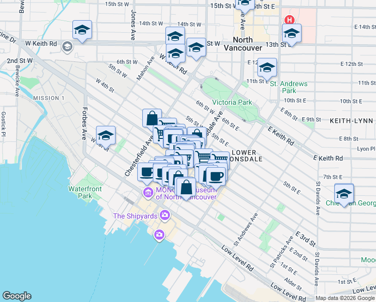 map of restaurants, bars, coffee shops, grocery stores, and more near 345 Lonsdale Avenue in North Vancouver
