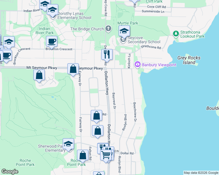 map of restaurants, bars, coffee shops, grocery stores, and more near in North Vancouver