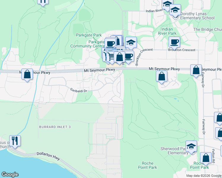 map of restaurants, bars, coffee shops, grocery stores, and more near in North Vancouver
