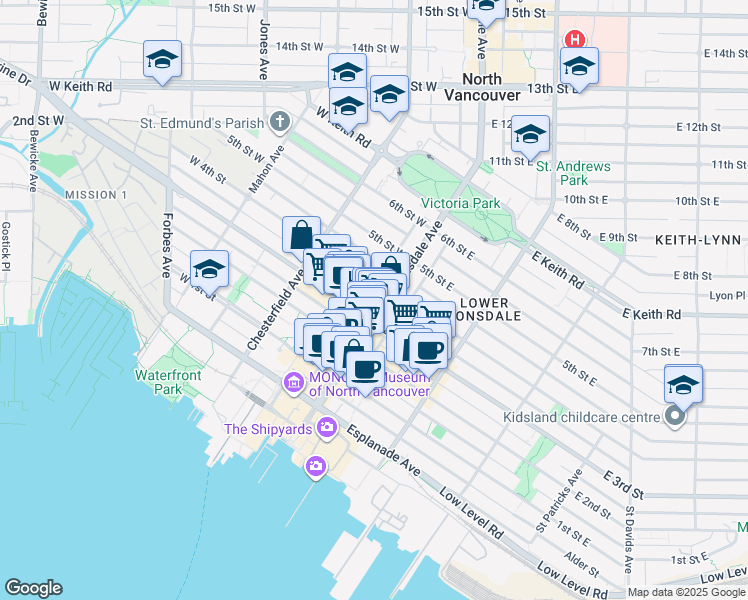 map of restaurants, bars, coffee shops, grocery stores, and more near 305 Lonsdale Avenue in North Vancouver