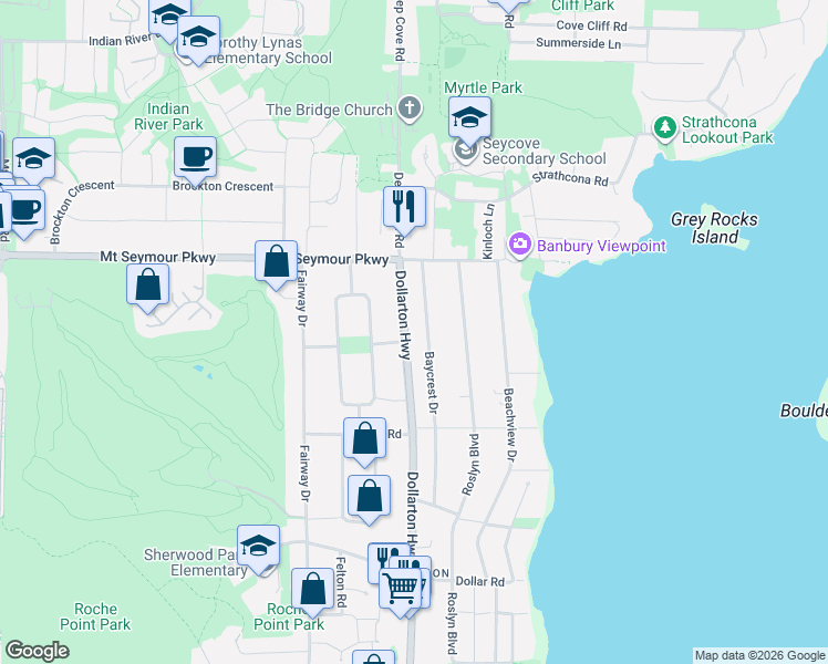 map of restaurants, bars, coffee shops, grocery stores, and more near 873 Baycrest Drive in North Vancouver