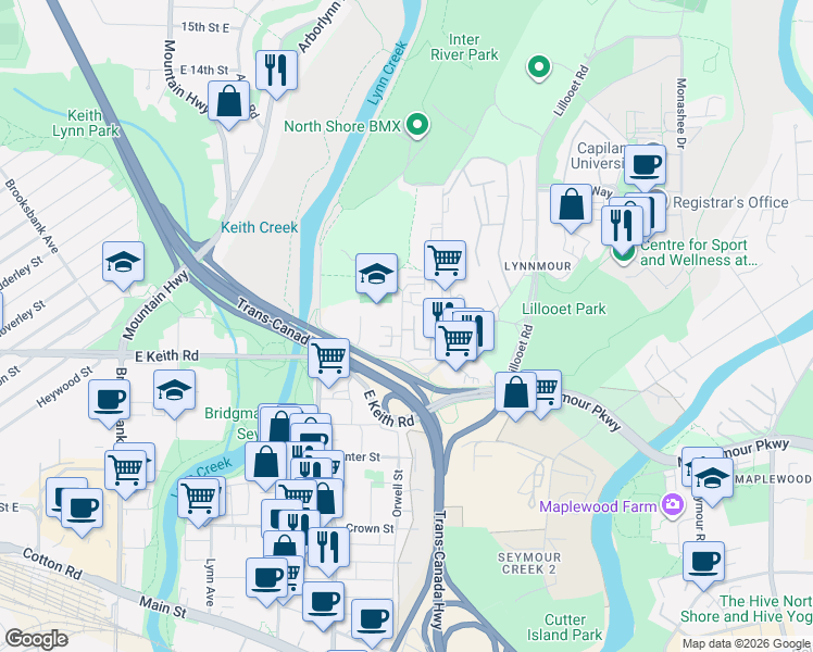 map of restaurants, bars, coffee shops, grocery stores, and more near 774 Orwell Street in North Vancouver