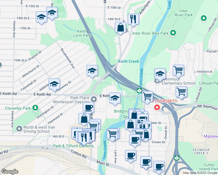 map of restaurants, bars, coffee shops, grocery stores, and more near 1301 8th Street East in North Vancouver
