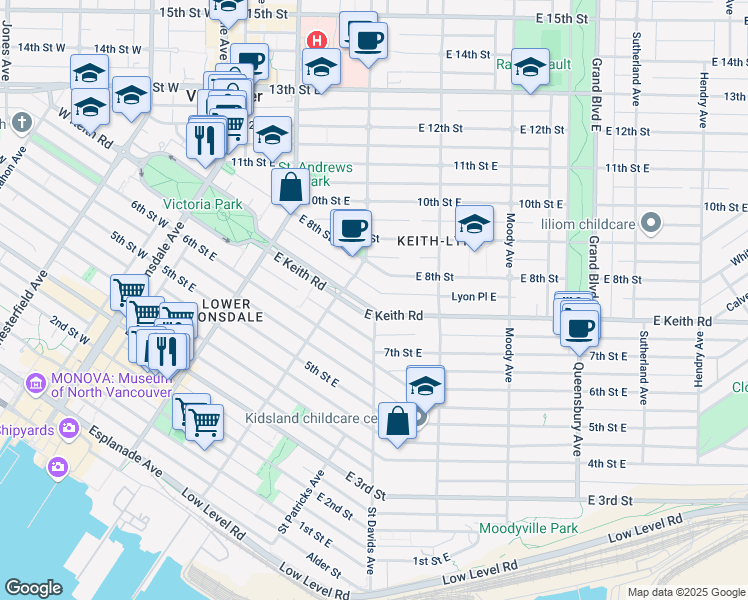 map of restaurants, bars, coffee shops, grocery stores, and more near 336 Keith Road East in North Vancouver