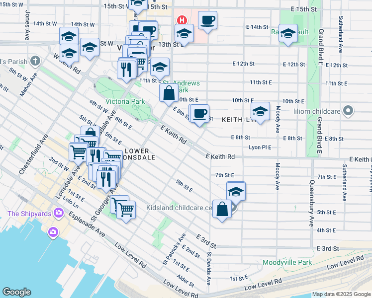 map of restaurants, bars, coffee shops, grocery stores, and more near 651 Saint Andrews Avenue in North Vancouver