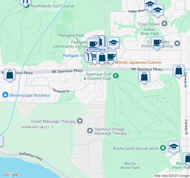 map of restaurants, bars, coffee shops, grocery stores, and more near 834 Roche Point Drive in North Vancouver