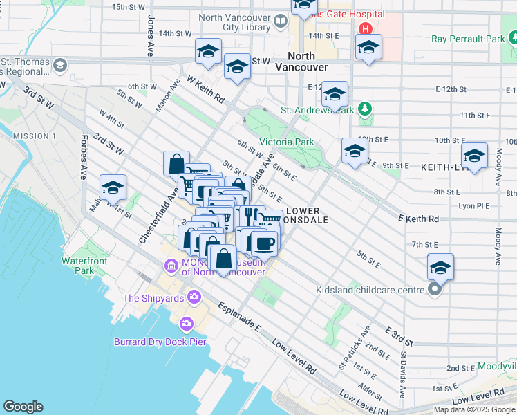 map of restaurants, bars, coffee shops, grocery stores, and more near in North Vancouver