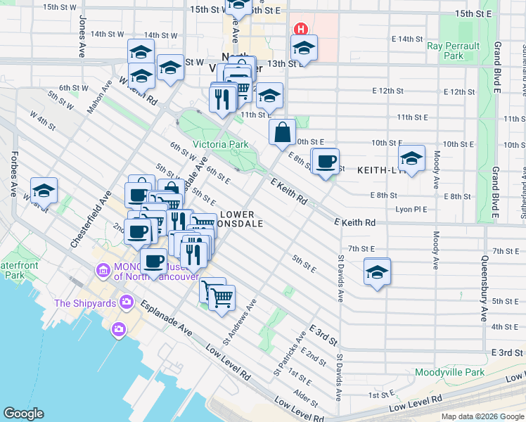map of restaurants, bars, coffee shops, grocery stores, and more near 225 6th Street East in North Vancouver