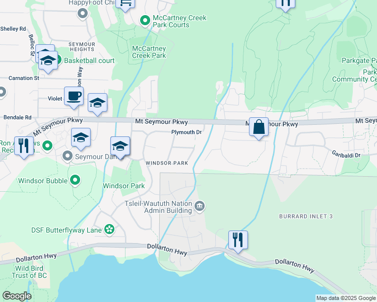map of restaurants, bars, coffee shops, grocery stores, and more near 975 Hartford Place in North Vancouver