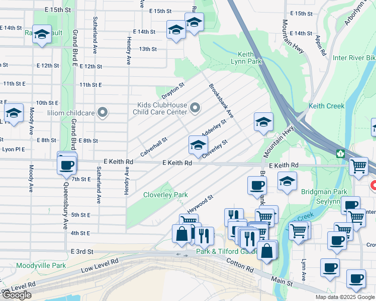 map of restaurants, bars, coffee shops, grocery stores, and more near 1075 Adderley Street in North Vancouver