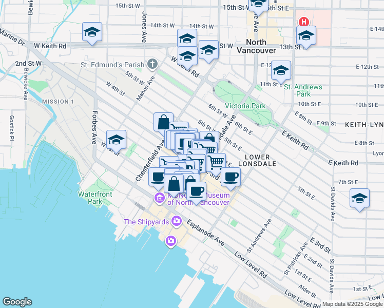 map of restaurants, bars, coffee shops, grocery stores, and more near in North Vancouver