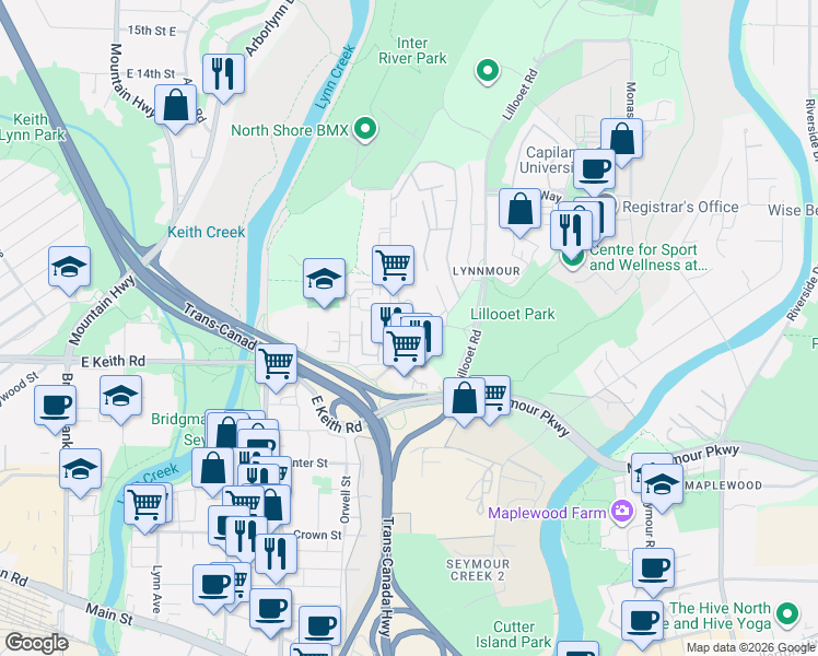 map of restaurants, bars, coffee shops, grocery stores, and more near 780 Premier Street in North Vancouver