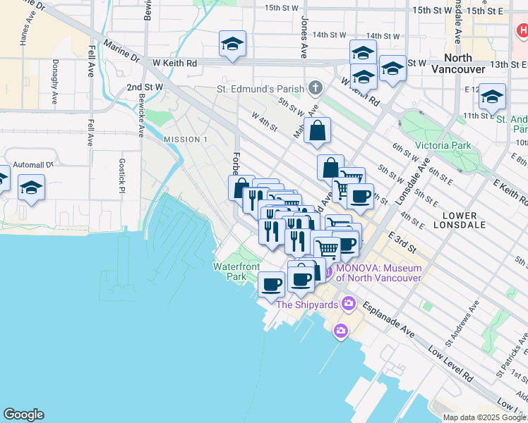 map of restaurants, bars, coffee shops, grocery stores, and more near 202 Semisch Avenue in North Vancouver