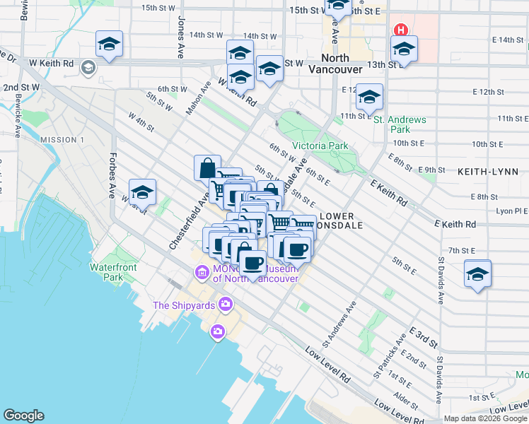 map of restaurants, bars, coffee shops, grocery stores, and more near 345 Lonsdale Avenue in North Vancouver