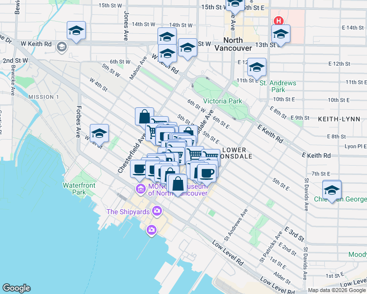 map of restaurants, bars, coffee shops, grocery stores, and more near 345 Lonsdale Avenue in North Vancouver