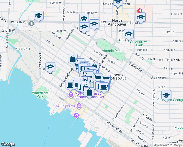 map of restaurants, bars, coffee shops, grocery stores, and more near 345 Lonsdale Avenue in North Vancouver