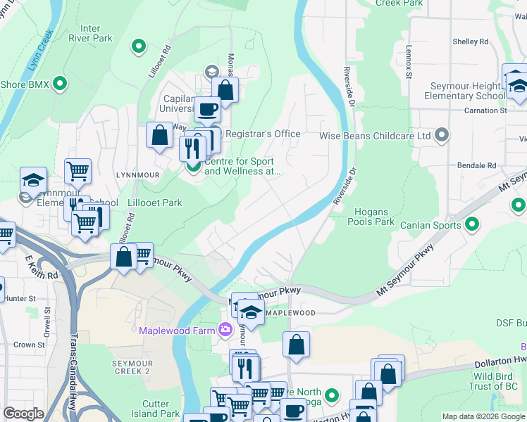 map of restaurants, bars, coffee shops, grocery stores, and more near 809 Seymour Boulevard in North Vancouver