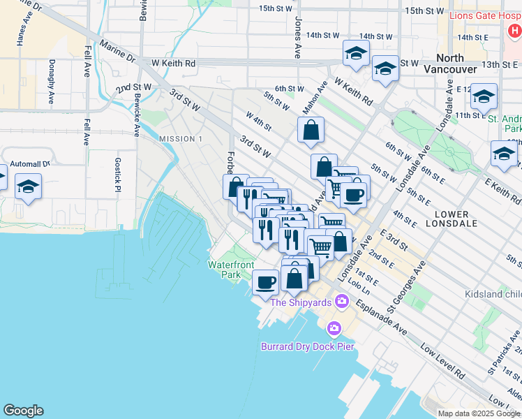 map of restaurants, bars, coffee shops, grocery stores, and more near 270 West 1st Street in North Vancouver