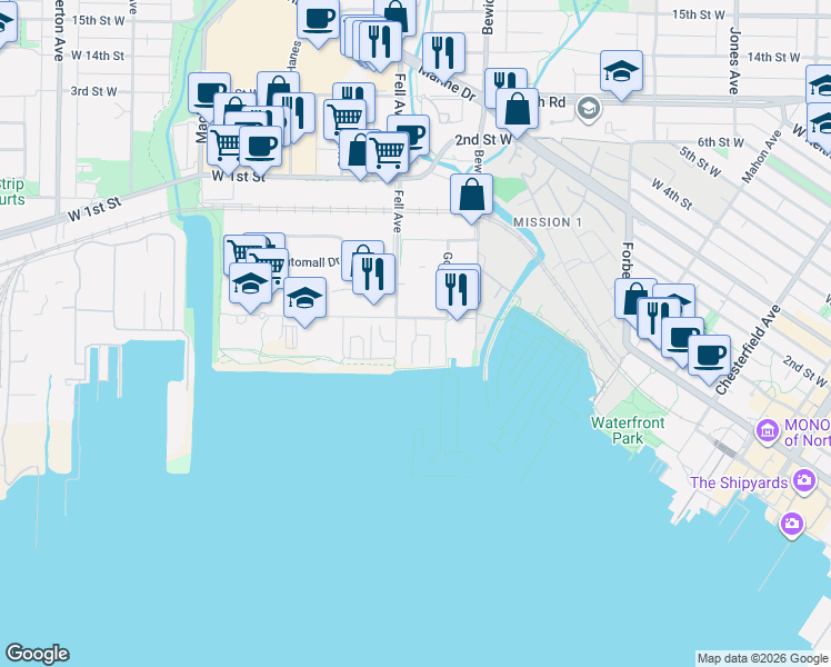 map of restaurants, bars, coffee shops, grocery stores, and more near Harbour Way in North Vancouver