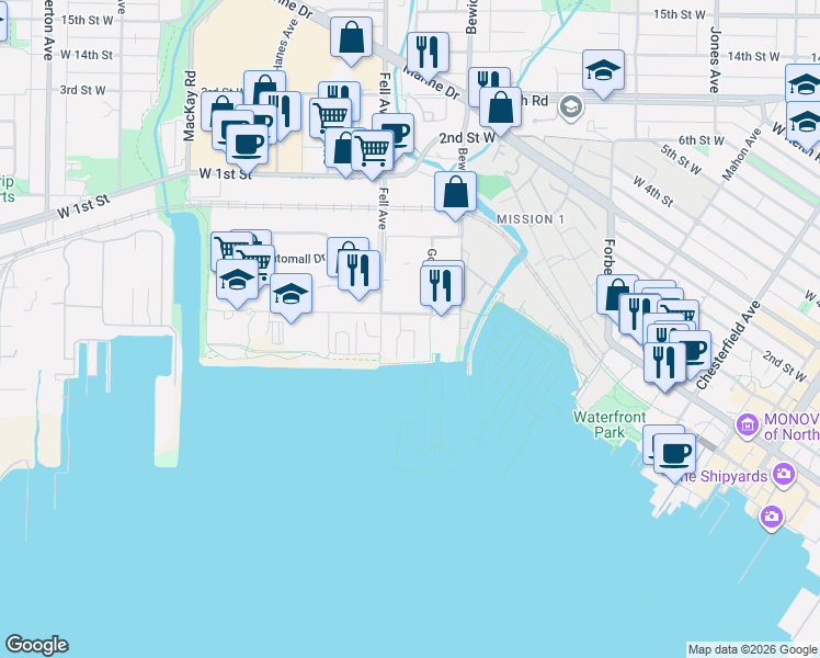 map of restaurants, bars, coffee shops, grocery stores, and more near 755 Harbourside Drive in North Vancouver