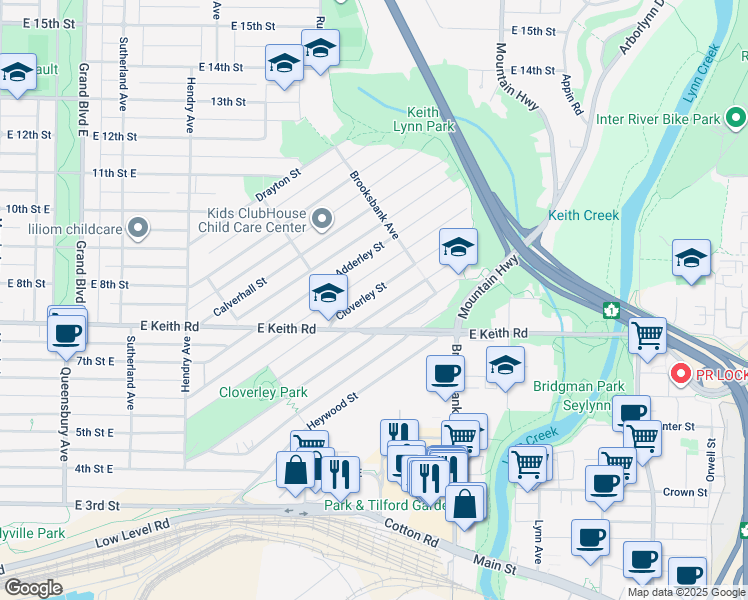 map of restaurants, bars, coffee shops, grocery stores, and more near 1137 Cloverley Street in North Vancouver