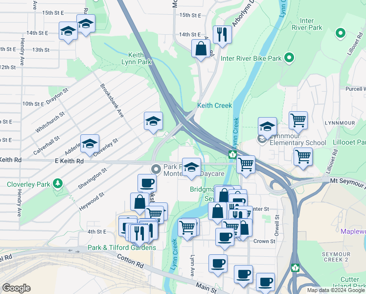 map of restaurants, bars, coffee shops, grocery stores, and more near 1315 8th Street East in North Vancouver