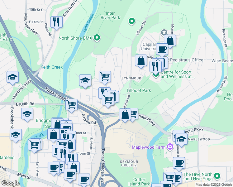 map of restaurants, bars, coffee shops, grocery stores, and more near 931 Old Lillooet Road in North Vancouver