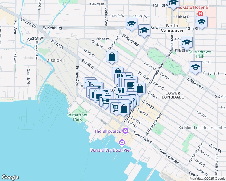 map of restaurants, bars, coffee shops, grocery stores, and more near 210 Chesterfield Avenue in North Vancouver