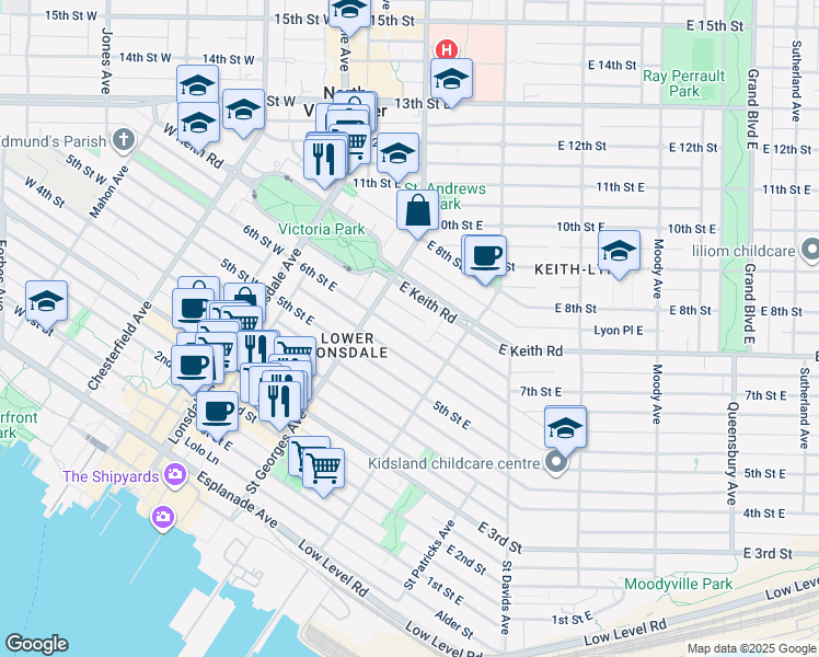 map of restaurants, bars, coffee shops, grocery stores, and more near 232 6th Street East in North Vancouver