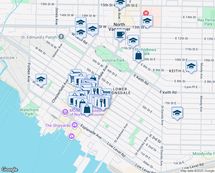 map of restaurants, bars, coffee shops, grocery stores, and more near in North Vancouver