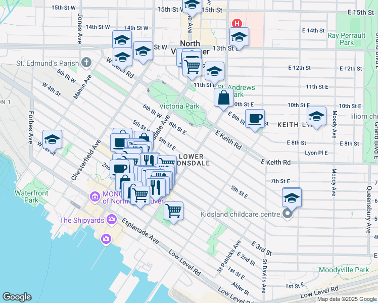 map of restaurants, bars, coffee shops, grocery stores, and more near in North Vancouver