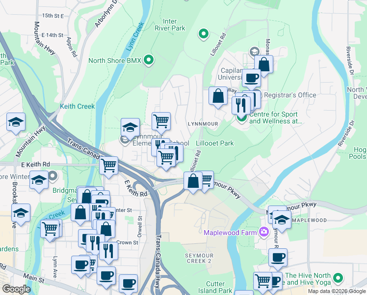 map of restaurants, bars, coffee shops, grocery stores, and more near 955 Old Lillooet Road in North Vancouver