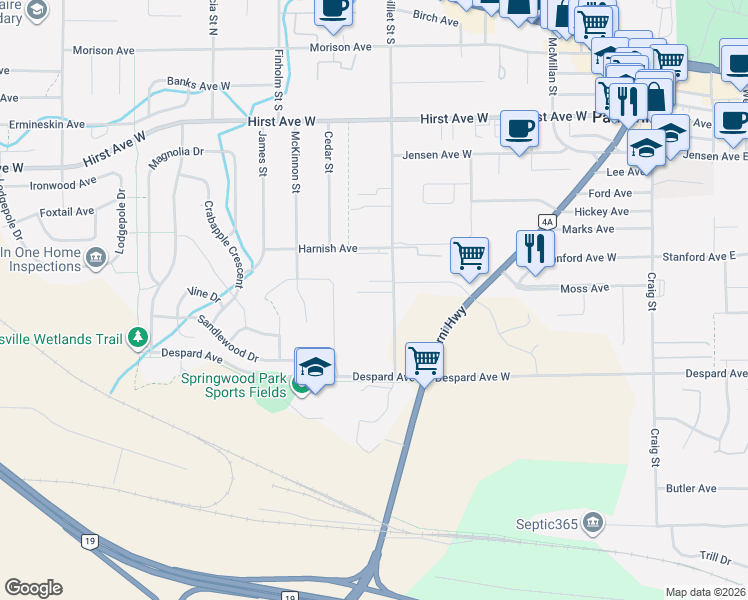 map of restaurants, bars, coffee shops, grocery stores, and more near 416 Hummingbird Place in Parksville
