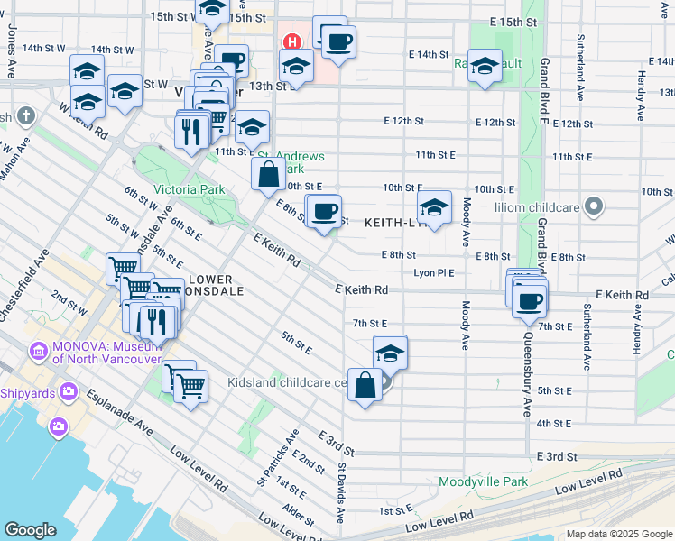 map of restaurants, bars, coffee shops, grocery stores, and more near 320 East Keith Road in North Vancouver
