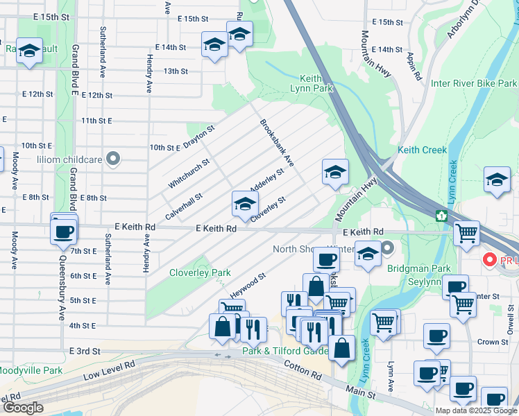 map of restaurants, bars, coffee shops, grocery stores, and more near 1118 Cloverley Street in North Vancouver