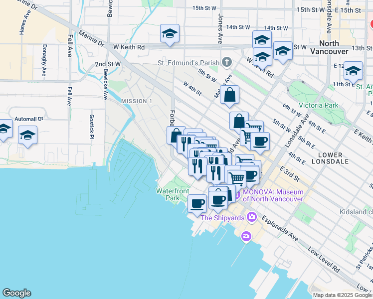 map of restaurants, bars, coffee shops, grocery stores, and more near 310 West 1st Street in North Vancouver