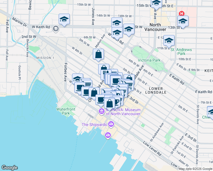 map of restaurants, bars, coffee shops, grocery stores, and more near in North Vancouver