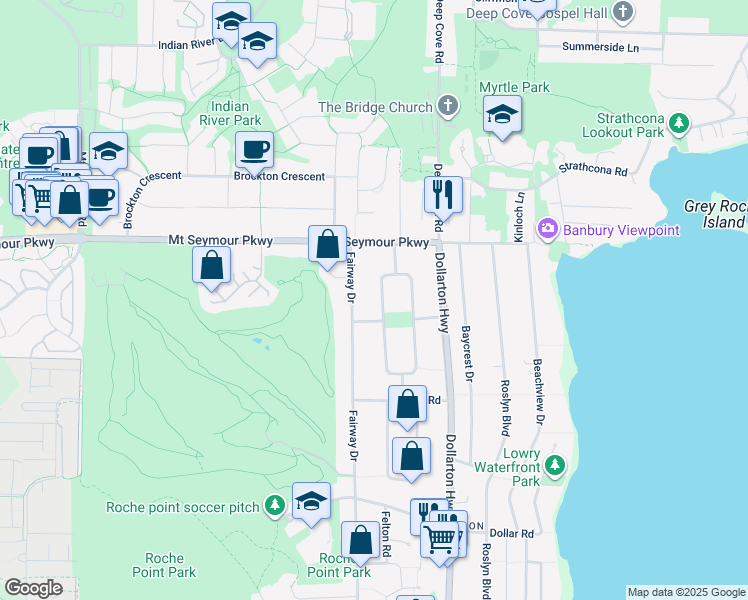map of restaurants, bars, coffee shops, grocery stores, and more near 893 Huntingdon Crescent in North Vancouver