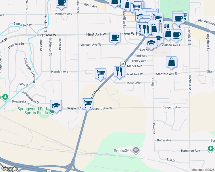 map of restaurants, bars, coffee shops, grocery stores, and more near 279 Dunbar Way in Parksville